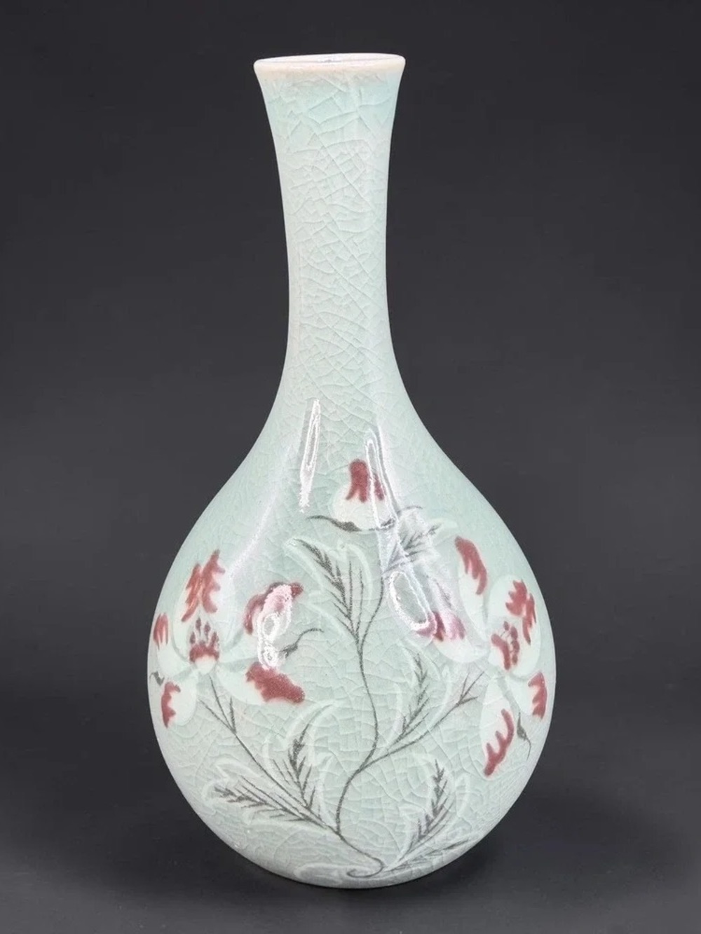 Mint Green Crackle Glaze Bud Vase with Hand-Painted Floral Design